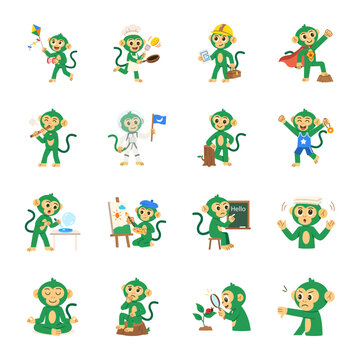 Cartoon monkey characters in festive, superhero, astronaut, teaching, meditation, exploration, and creative role-based activities. 

