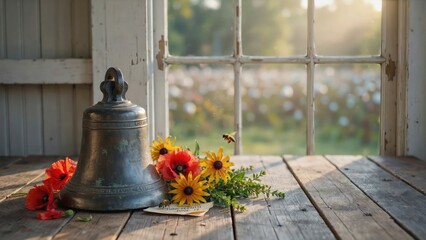 Obraz premium Juneteenth Freedom Bell on Rustic Table with Flowers and Window Light. Generative AI.
