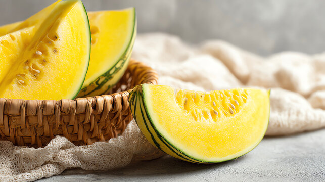 Yellow cantaloupe, sliced ​​cantaloupe in summer