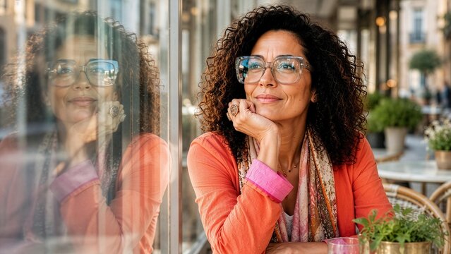 Mature Woman Sitting at Cafe Window Reflecting in Glass
