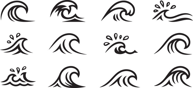 Waves of ocean water line icons set of sea tide splashes .Silhouette vector illustration