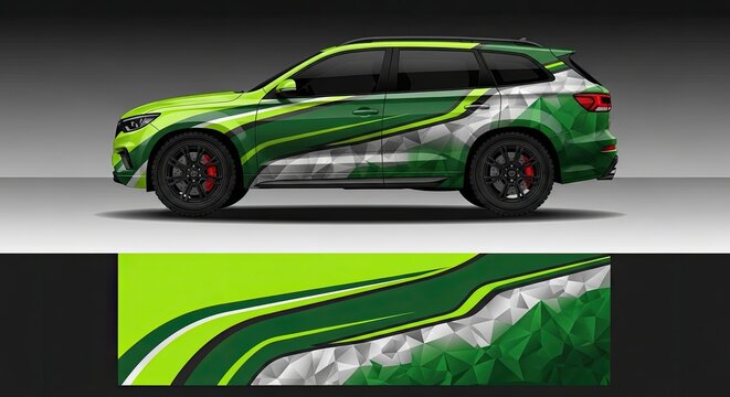 Green geometric car wrap design on modern SUV vehicle.