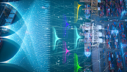 Fototapeta premium Glowing digital data streams and AI management networks overlaid on a commercial cargo container ship port. Smart maritime logistics, artificial intelligence supply chain, and future shipping tech