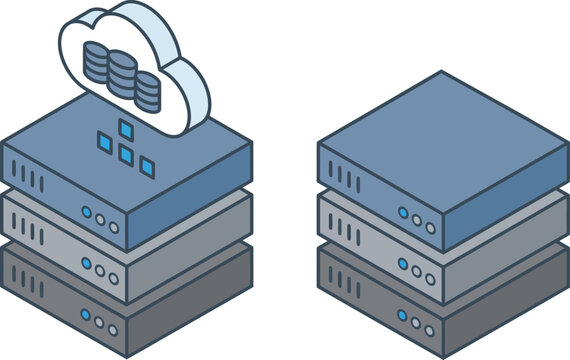 Isometric illustration representing cloud computing and database management. Features two stacks of server racks with a cloud icon containing database symbols dan symbolizing synchronized data.