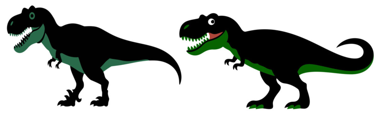 Cartoon-style t-rex dinosaur silhouettes with sharp teeth, green accents on a white background