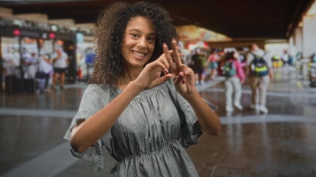 Teen woman in gingham dress making hashtag gesture with hands and smiling at camera in airport terminal; playful travel.