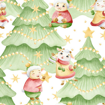 Happy baby lamb and goat decorating Christmas tree with stars watercolor seamless pattern on white. Cute cartoon animal characters in winter clothes for New year wrapping paper and holiday designs