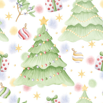Christmas tree with baubles seamless pattern on white with pastel watercolor splashes for Happy New Year greetings and winter holiday paper. Simple drawing with mistletoe and hanging balls ornaments