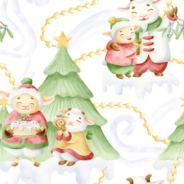 Animal family Christmas celebration with funny goats and sheep with Christmas trees, lights garlands and gifts watercolor seamless pattern on white. Happy lambs cartoon characters in snow background