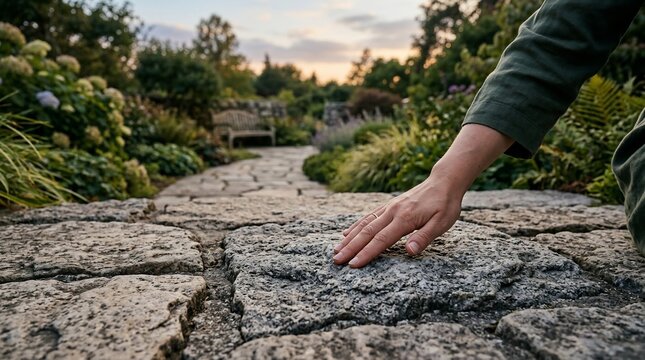 Woman touching stone path in a peaceful garden at sunset during summer