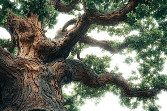 Gnarled tree stretches towards a leafy canopy