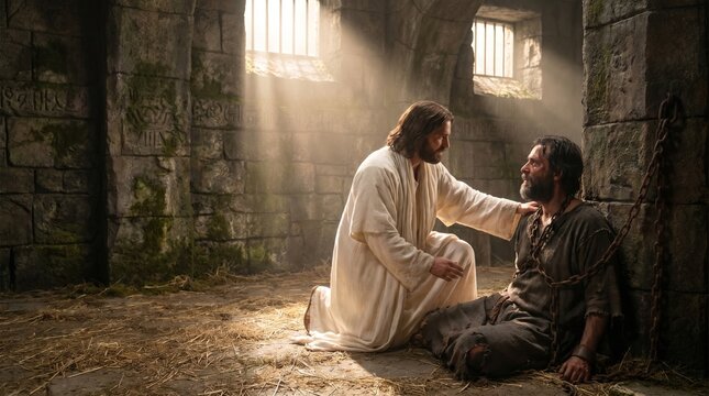 Jesus Christ visiting and comforting a prisoner in chains inside an ancient stone dungeon with sunlight rays.