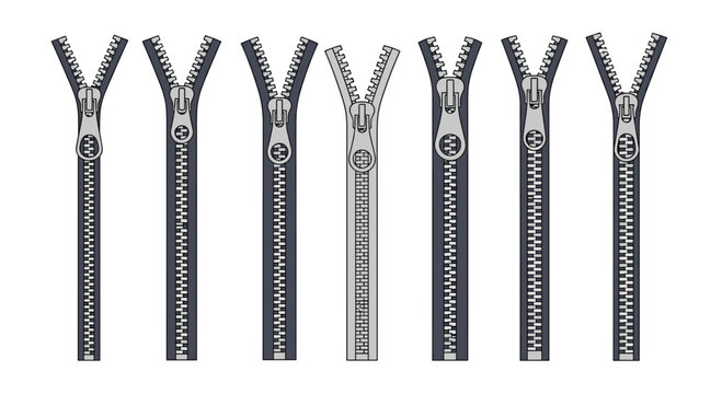 Set of metal and plastic zippers in various stages of being open and closed for sewing and fashion design projects.