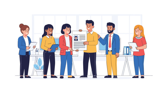 Group of professional people standing in an office reviewing a job resume and discussing candidate qualifications for hiring.