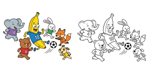 Obraz premium Adorable Animal and Banana Soccer Team Playing Football - Fun Sports Illustration for Kids