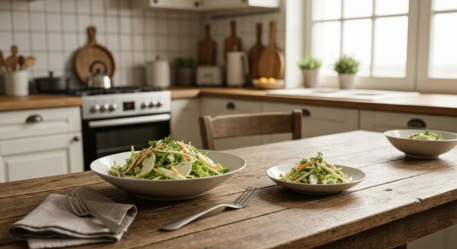 Rustic kitchen scene featuring salads on a wooden table, window and stove