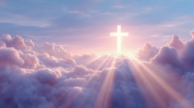 Majestic glowing christian cross suspended high in the pink and blue sky above a dense layer of fluffy white clouds with bright sunbeams breaking through
