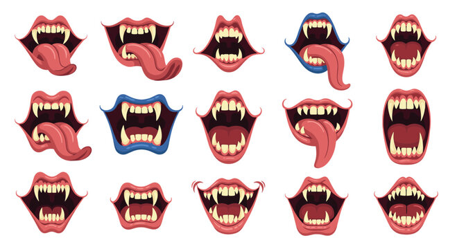 Set of colorful vampire and monster mouths with sharp fangs and long tongues in various expressions for horror designs.