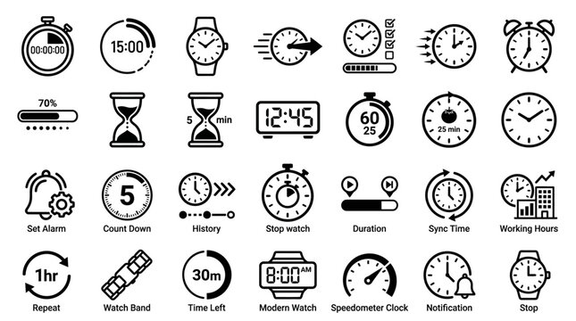 Time & Clock Icon Set &ndash; Stopwatch, Timer, Watch, Speed Clock & Progress Loading Symbols Vector Collection