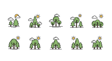 Fototapeta premium Simple flat icons of various tree types with sun and cloud elements representing different forest landscapes for nature themed designs.