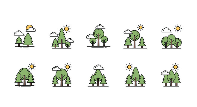 Simple flat icons of various tree types with sun and cloud elements representing different forest landscapes for nature themed designs.