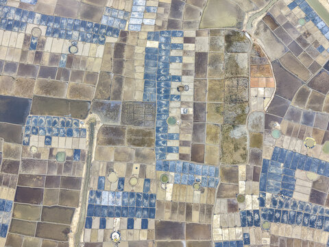 Abstract Aerial Drone View of Salt Fields and Evaporation Ponds in Cox&rsquo;s Bazar, Bangladesh