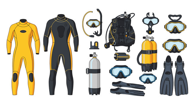 Collection of professional scuba diving equipment including wetsuits, masks, snorkels, fins, and oxygen tanks for underwater exploration.