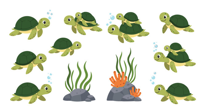 Set of cute cartoon sea turtle illustrations in various swimming poses with bubbles, seaweed, and coral on a clean white background.