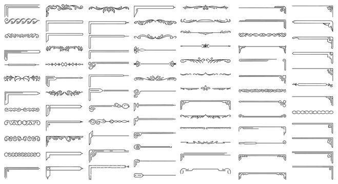 Comprehensive collection of elegant decorative border ornaments, dividers, and corner elements for formal document and book design.