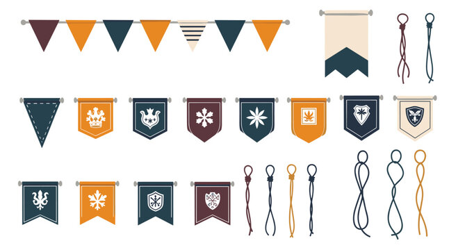 Medieval banner and flag collection includes various ornamental designs, shields, and ropes for historical themed projects.