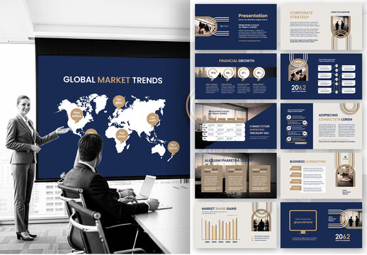 Modern Gold and Dark Blue Corporate Business Presentation Template with Global Financial Market Theme