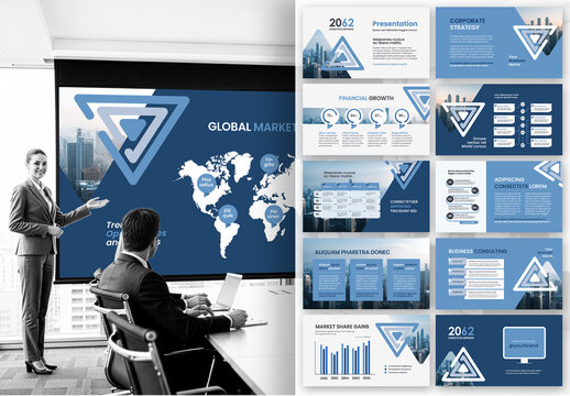 Modern Blue Corporate Business Presentation Template with Global Financial Market Theme