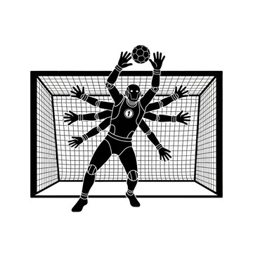 Conceptual vector artwork of a multi-armed goalkeeper making a superhuman save, symbolizing ultimate defensive prowess and peak athletic achievement in a minimalist style