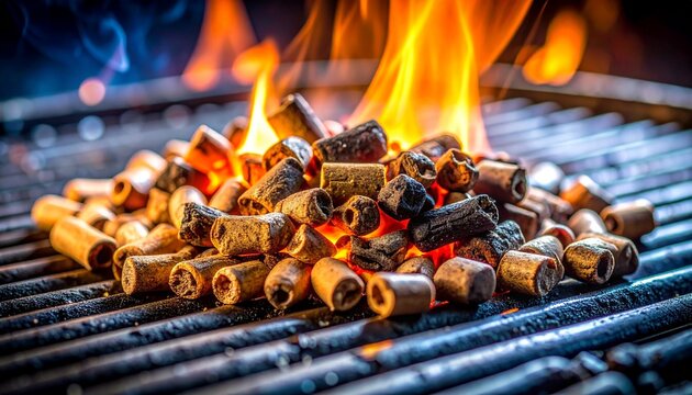 A close up view of glowing charcoal embers and bright orange flames burning on a metal barbecue grill for outdoor cooking and summer party.