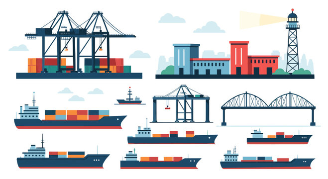 Maritime transportation icons including diverse cargo ships, port cranes, industrial bridge, and lighthouse in a flat design.