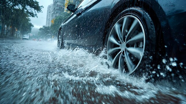 Car wheel splashing through a large puddle on a rainy street