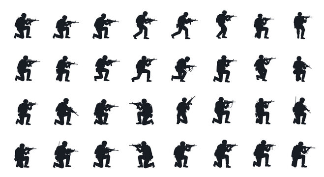 Large collection of tactical soldier silhouettes in various combat poses, kneeling and aiming rifles on a white background.