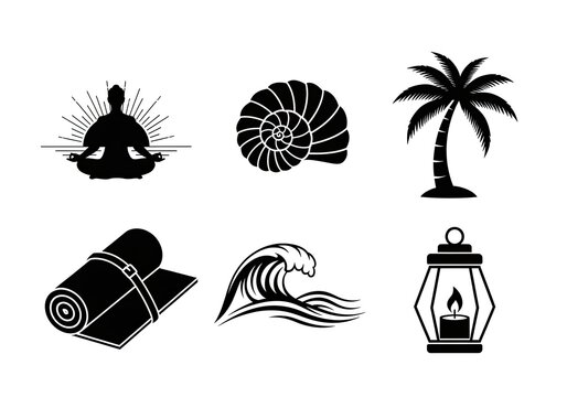 Minimalist black wellness icons including yoga and nature elements.