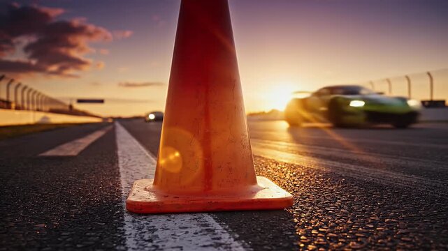 Low-angle view of an orange traffic cone on a race track at dusk