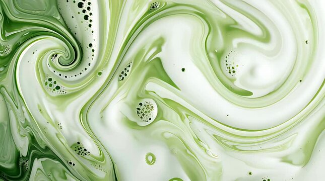 Abstract background of swirling green matcha tea and creamy white milk.