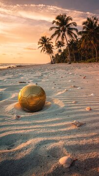 Golden soccer ball resting on tropical beach sand at sunset with palm trees
