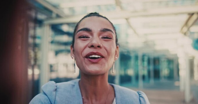 Video call, laugh and business woman in city for property developer, communication and commute. Real estate consultant, virtual advisor and streaming pov with face of person outdoor for joke