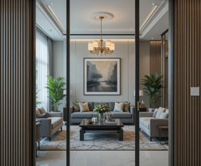 Fototapeta premium Modern luxury apartment interior with glass walls, elegant furnishings and natural light, premium residential design.