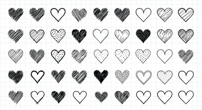 Grid of various hand-drawn heart symbols in different styles on a squared notebook paper background for romantic designs.