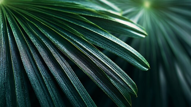 Detailed view of lush green palm fronds revealing intricate natural textures
