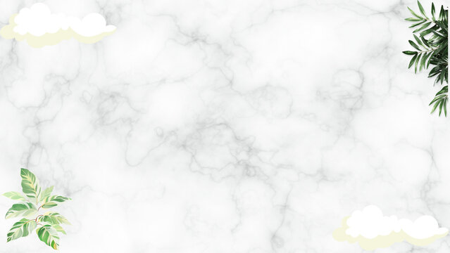 White marble background with green leaves and yellow clouds