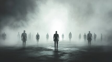 Fototapeta premium Silhouetted Figures Emerging from Fog Towards Bright Light, Surreal and Mysterious Scene