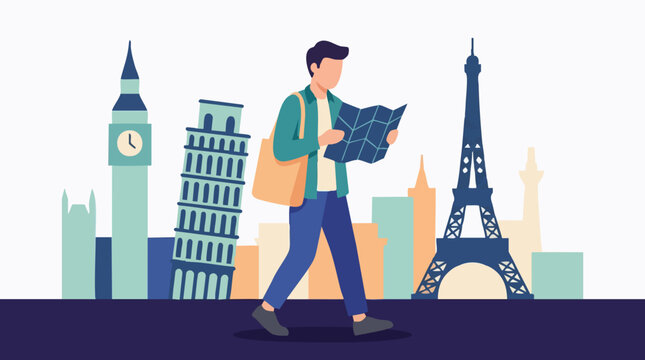 Traveler with map exploring famous world landmarks illustration