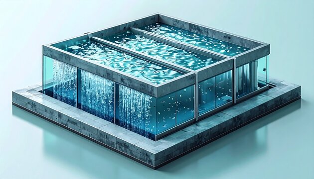 A modern architectural structure featuring a layered water system with cascading waterfalls and tranquil blue pools for contemporary design.