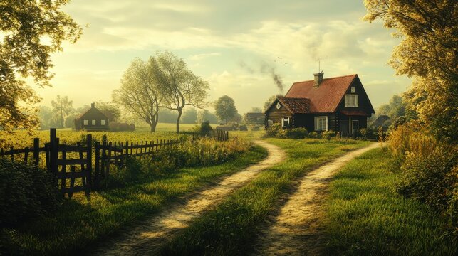 Rustic Log Cabin at Dawn with Forking Path